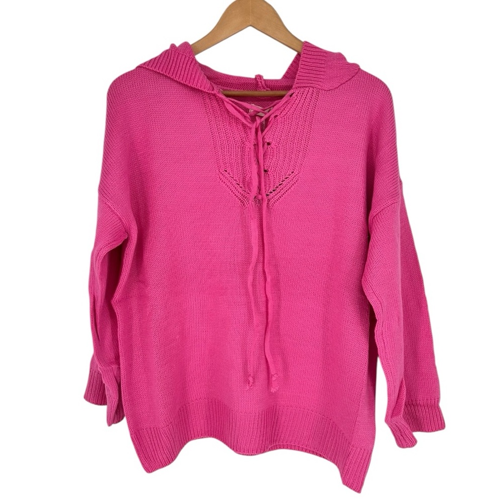 Main Strip Pink Knit Sweater size Small Long Sleeves Hooded NWT Lace Up Neckline